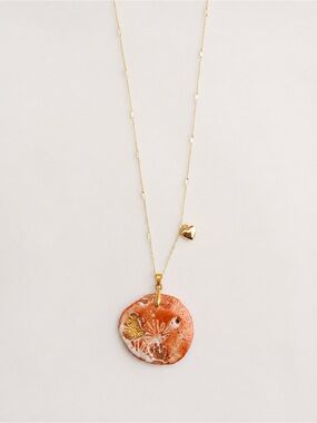 Handmade Ceramic Pendant Necklace Gold Floral Boho Artisan Jewelry Gift